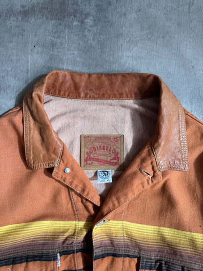 1990s Diesel Warm Tone Striped Leather Collar Trucker Jacket