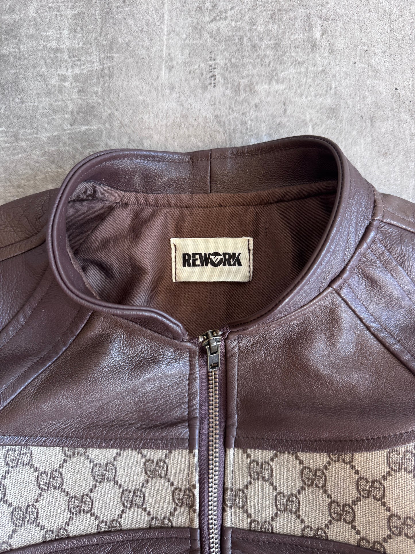 VT Rework: Gucci GG Monogram Brown Leather Cropped Jacket | Medium, Multicoloured