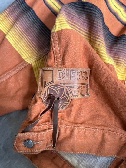 1990s Diesel Warm Tone Striped Leather Collar Trucker Jacket