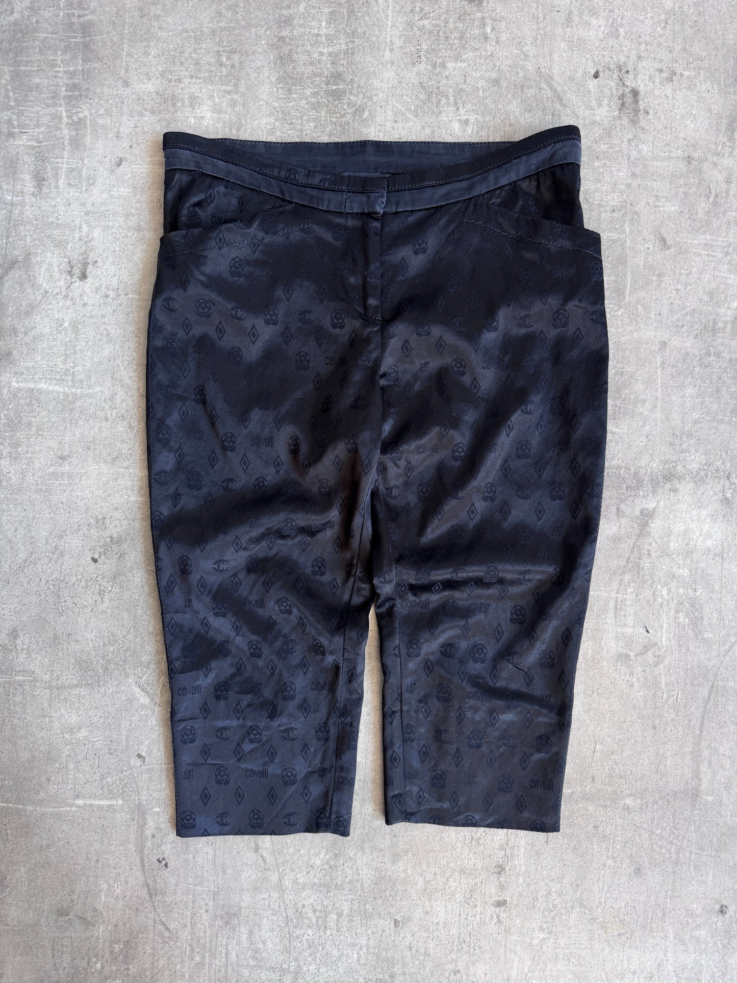 2000's Cavalli Black Satin Monogram Print Capris | W28, Multicoloured