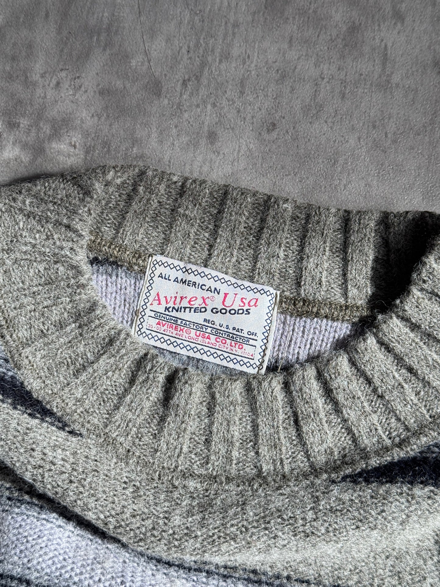 1990s Avirex Grey Striped Wool Knit Sweater