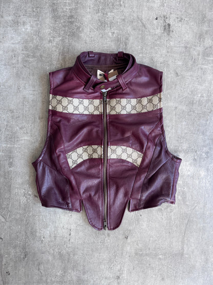 VT Rework: Gucci GG Monogram Burgundy Leather Racing Vest | Extra Small, Multicoloured