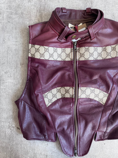 VT Rework: Gucci GG Monogram Burgundy Leather Racing Vest | Extra Small, Multicoloured