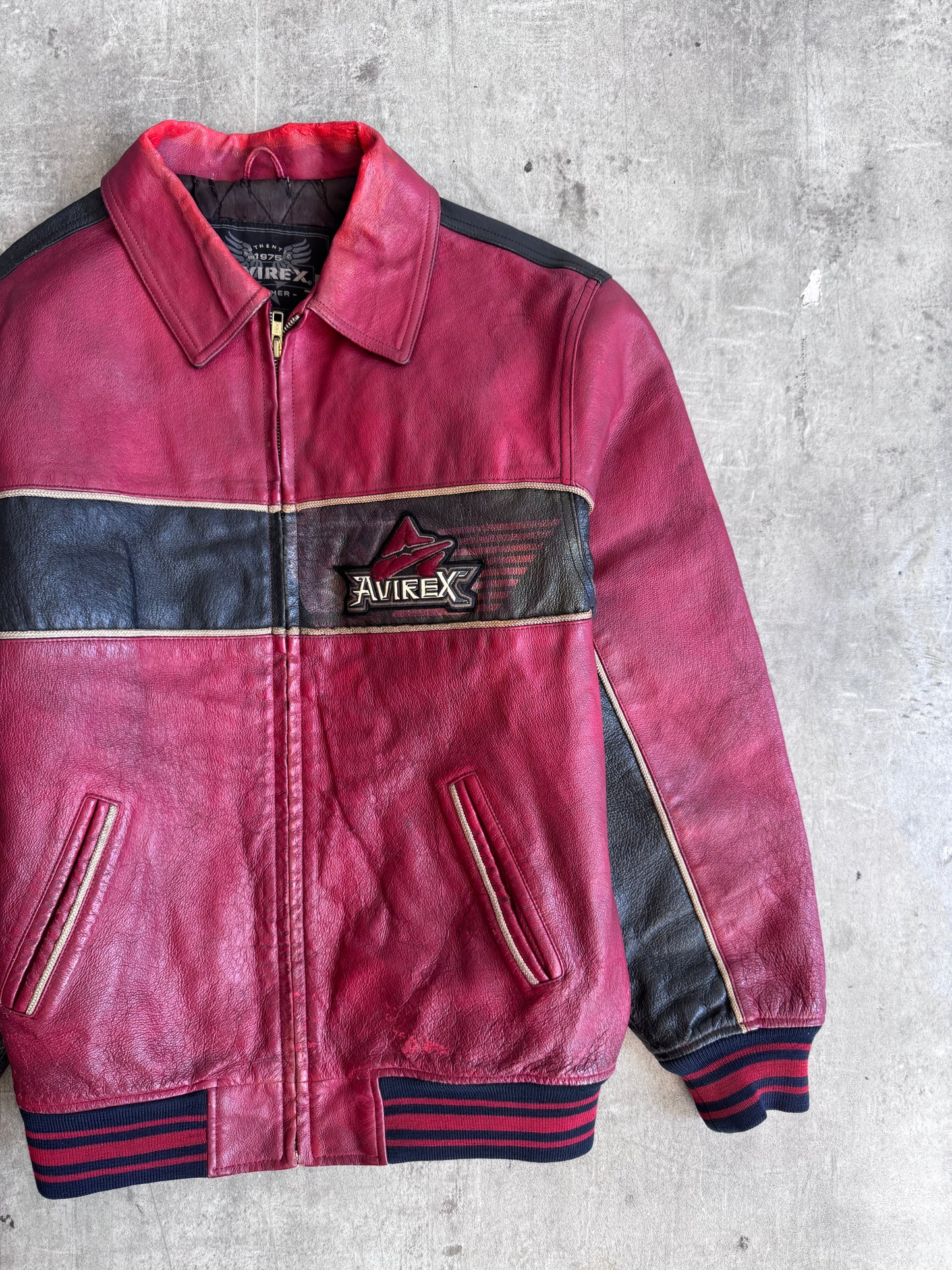 2000's Avirex 'Ice Tiger' Colourblock Leather Varsity Jacket | Medium, Multicoloured