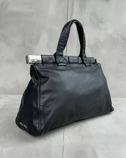 MIU MIU 90'S BLACK LEATHER & CHROME BAR SHOULDER BAG | O/S, Black