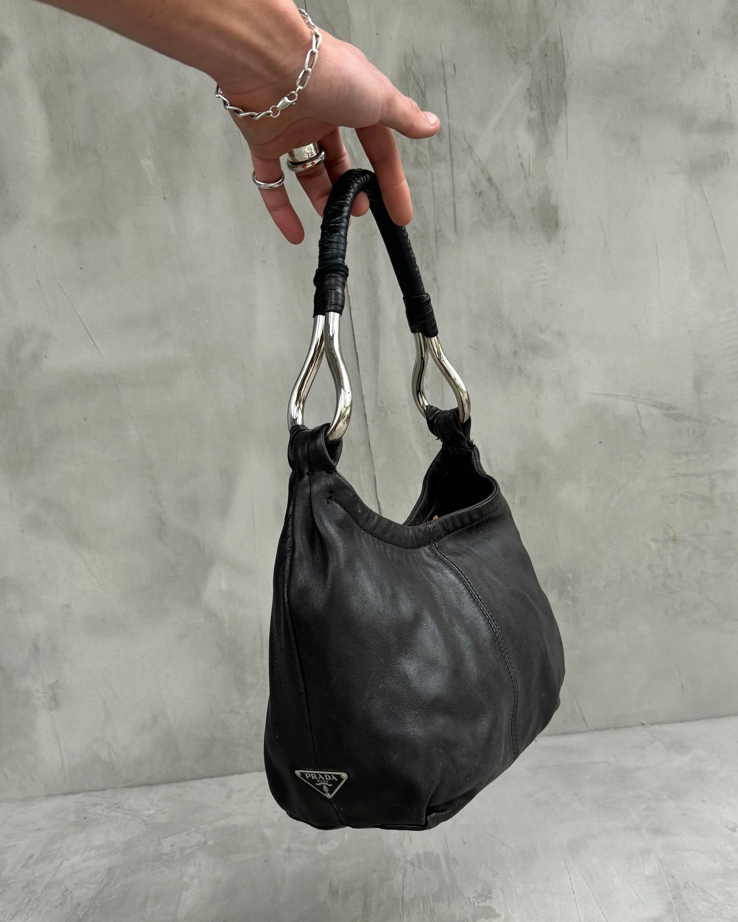 PRADA 90'S SILVER & BLACK LEATHER SHOULDER BAG | O/S, Multicoloured