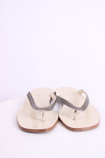 Brunello Cucinelli Metal Detail Strap Sandals Cream/ Silver 39 | DEFAULT TITLE, Cream