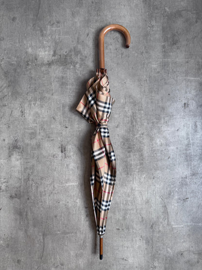 Burberry Beige Nova Check Brass Logo Plaque Handle Umbrella