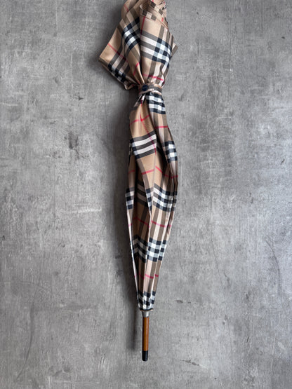 Burberry Beige Nova Check Brass Logo Plaque Handle Umbrella