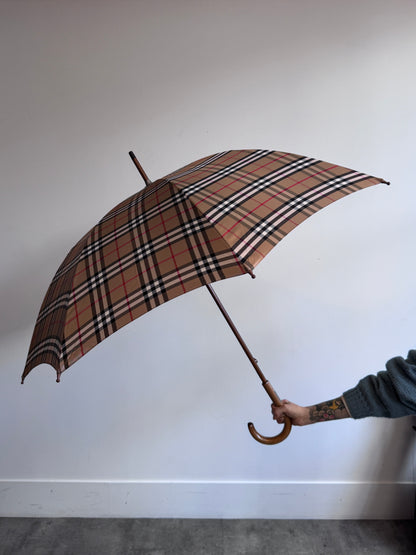 Burberry Beige Nova Check Brass Logo Plaque Handle Umbrella