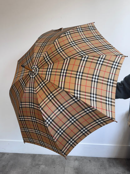 Burberry Beige Nova Check Brass Logo Plaque Handle Umbrella