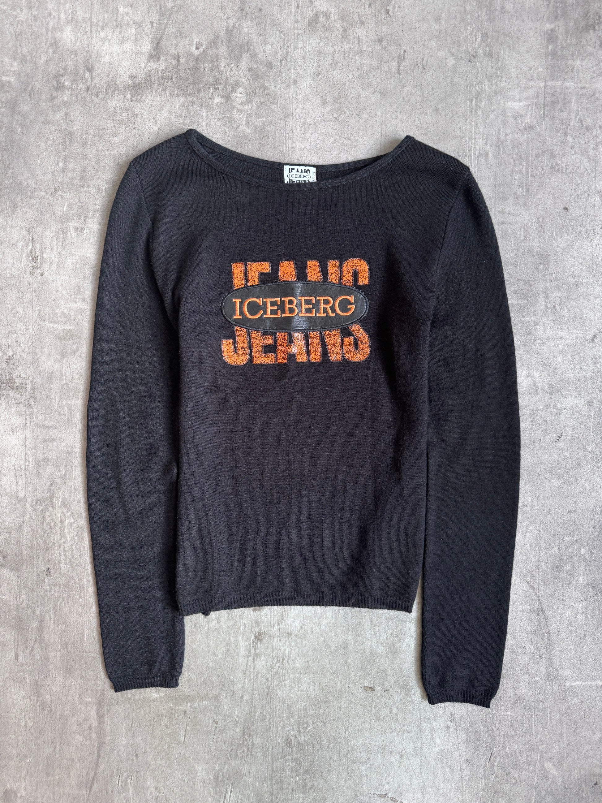 ICEBERG Jeans Logo Patch Black Wool Blend L/S Tee | Medium, Black