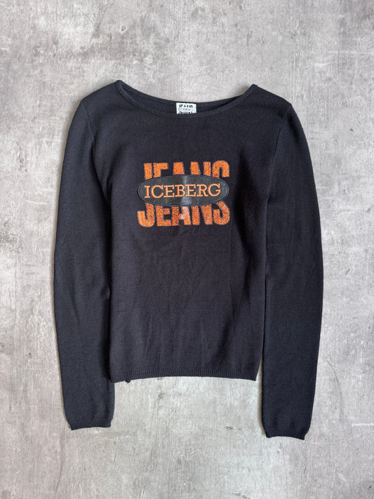 ICEBERG Jeans Logo Patch Black Wool Blend L/S Tee | Medium, Black
