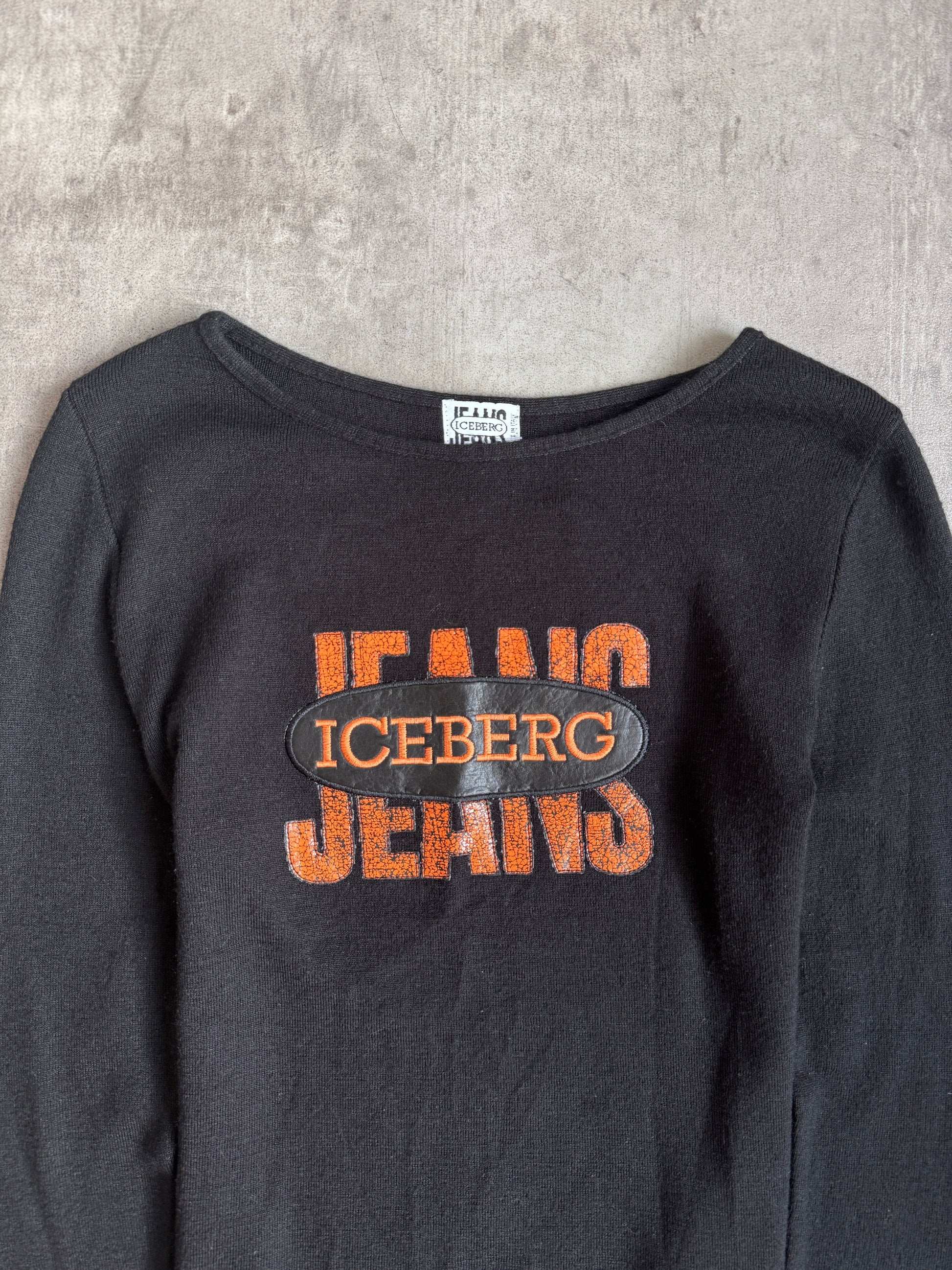 ICEBERG Jeans Logo Patch Black Wool Blend L/S Tee | Medium, Black