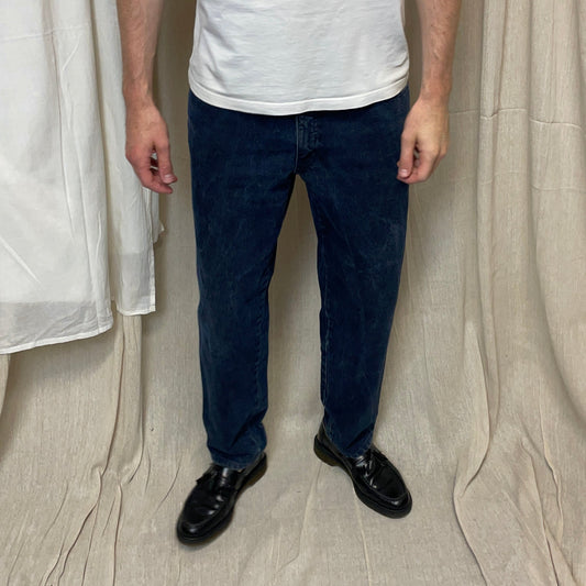 Armani Jeans Dark Blue 1990s Silver Logo Barrel Leg Denim Jeans | Medium, Blue