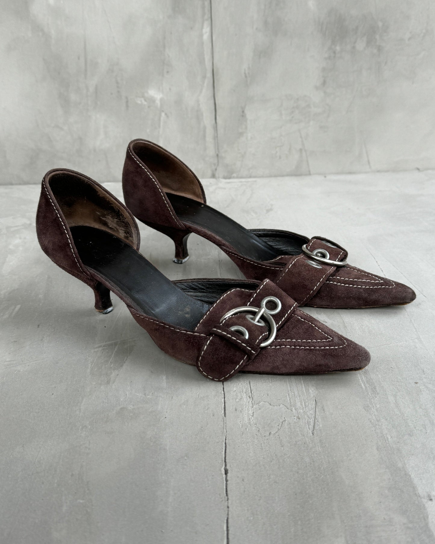 PRADA 2000'S BROWN SUEDE BUCKLE KITTEN HEEL - EU 37 / UK 4 | UK 4, Brown