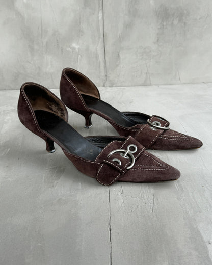 PRADA 2000'S BROWN SUEDE BUCKLE KITTEN HEEL - EU 37 / UK 4 | UK 4, Brown