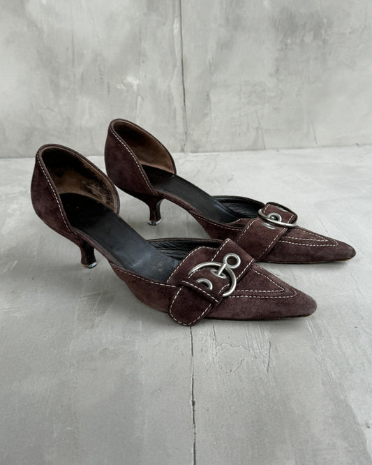 PRADA 2000'S BROWN SUEDE BUCKLE KITTEN HEEL - EU 37 / UK 4 | UK 4, Brown