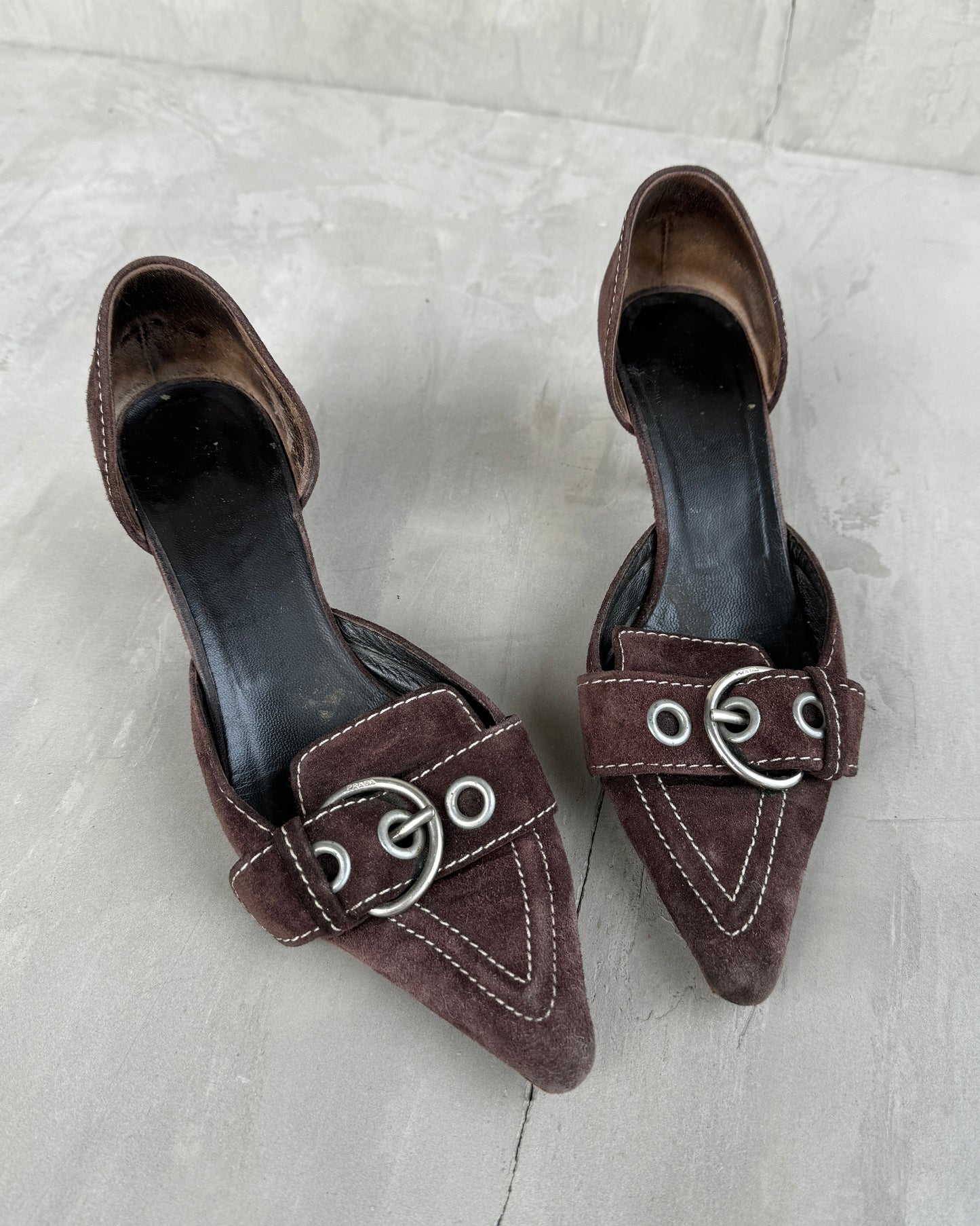 PRADA 2000'S BROWN SUEDE BUCKLE KITTEN HEEL - EU 37 / UK 4 | UK 4, Brown