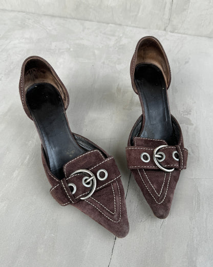 PRADA 2000'S BROWN SUEDE BUCKLE KITTEN HEEL - EU 37 / UK 4 | UK 4, Brown