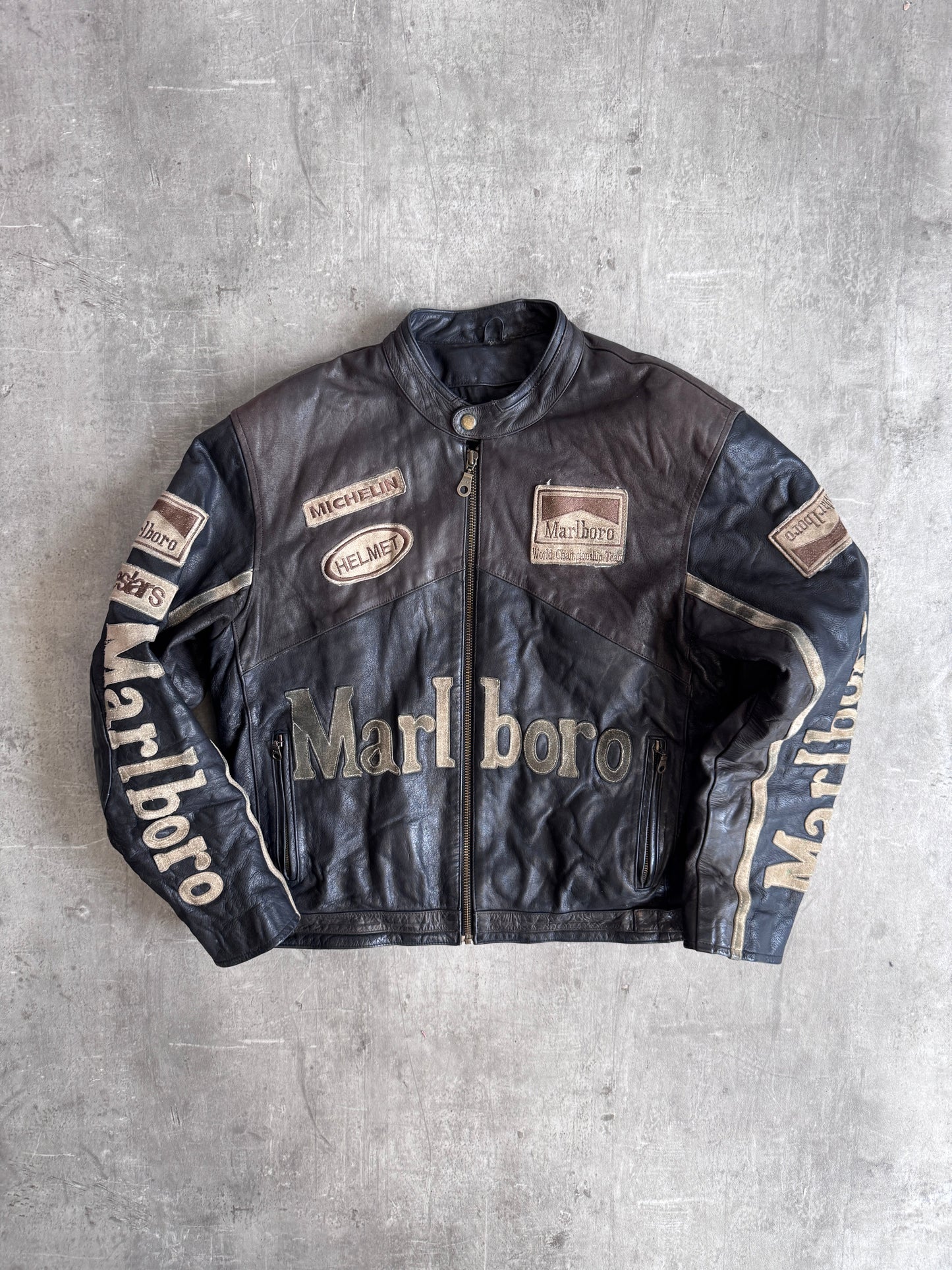 Marlboro Weathered Black Leather Moto Racing Jacket