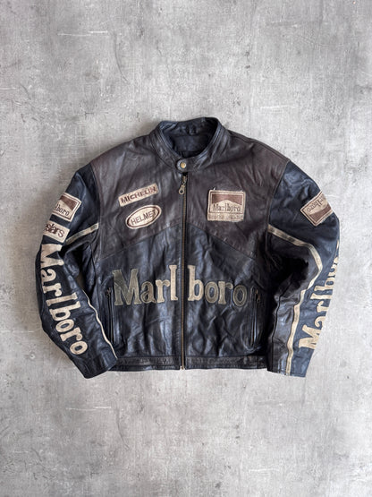 Marlboro Weathered Black Leather Moto Racing Jacket