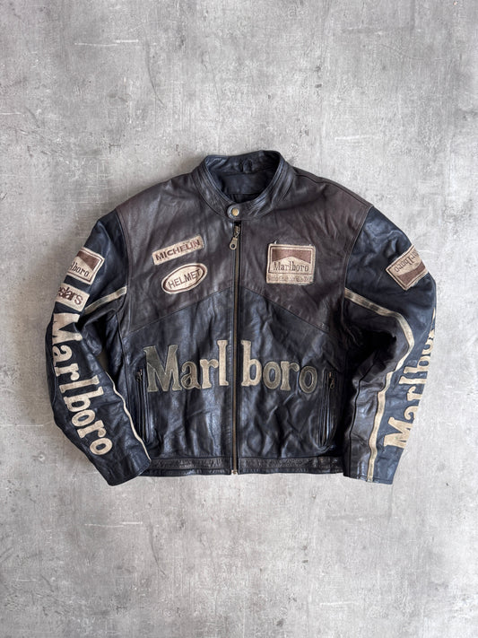 Marlboro Weathered Black Leather Moto Racing Jacket