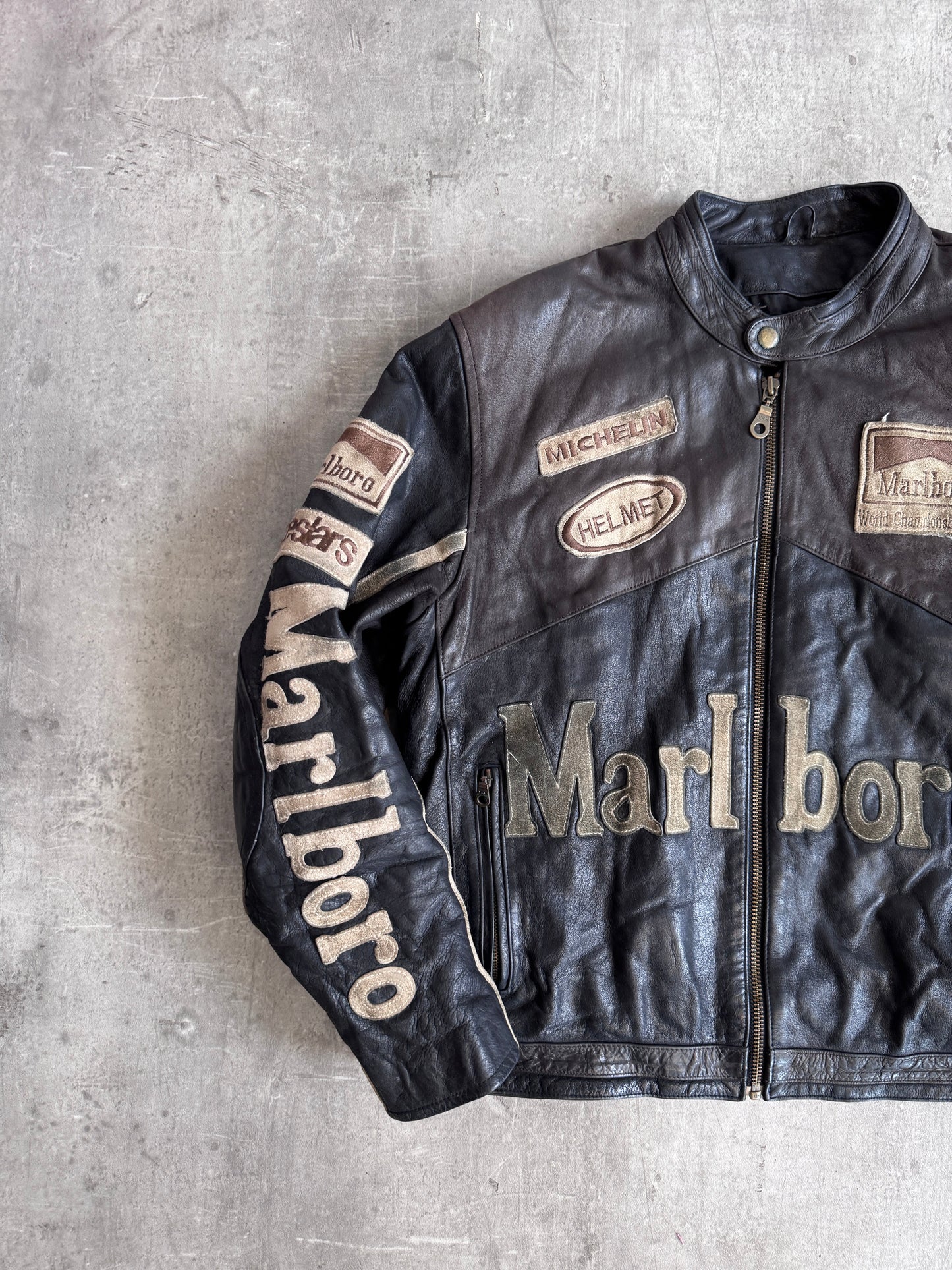 Marlboro Weathered Black Leather Moto Racing Jacket