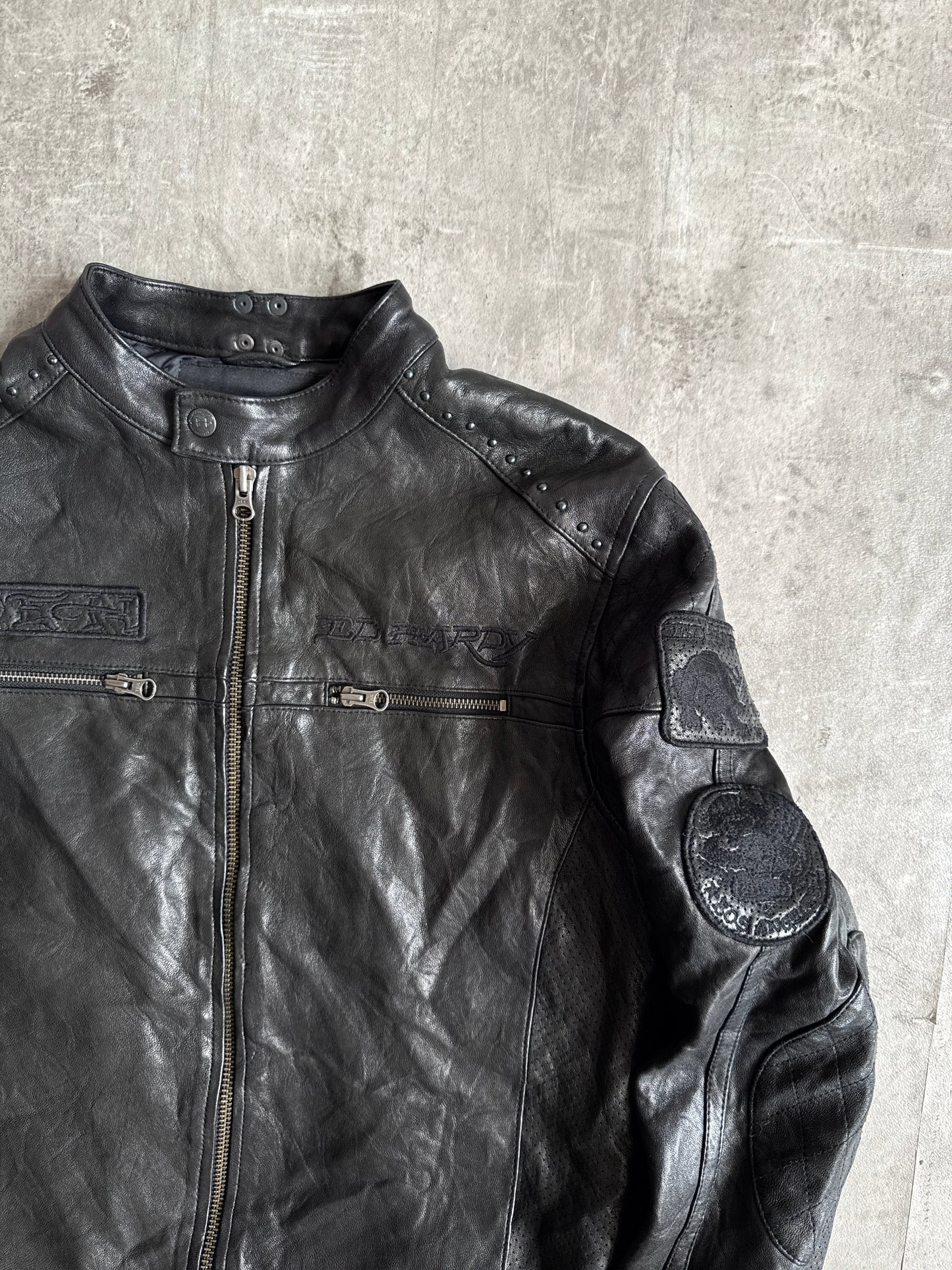 Ed Hardy Black Leather Studded Moto Jacket