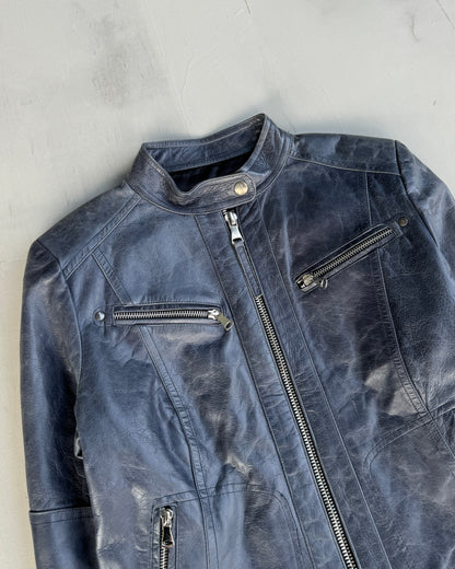 VINTAGE BLUE LEATHER FITTED JACKET - S