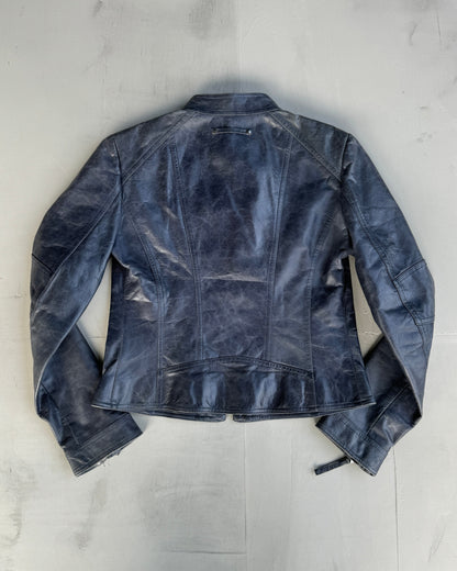 VINTAGE BLUE LEATHER FITTED JACKET - S