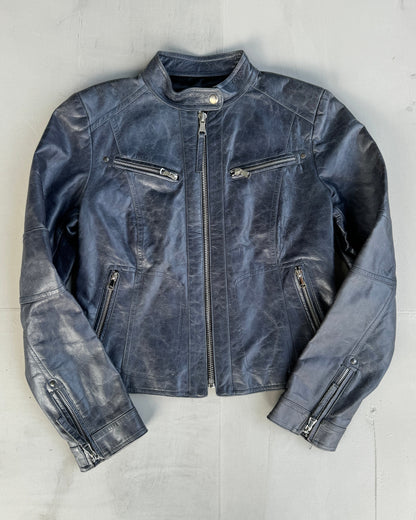 VINTAGE BLUE LEATHER FITTED JACKET - S