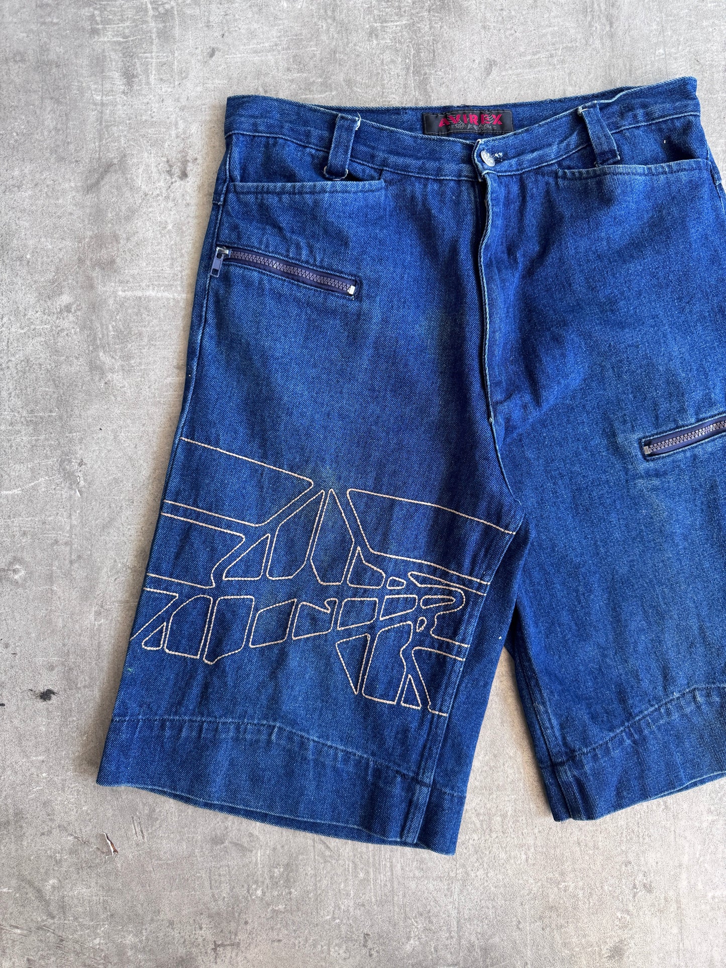 2000 Avirex Embroidered Logo Patch Denim Jorts | Large, Blue