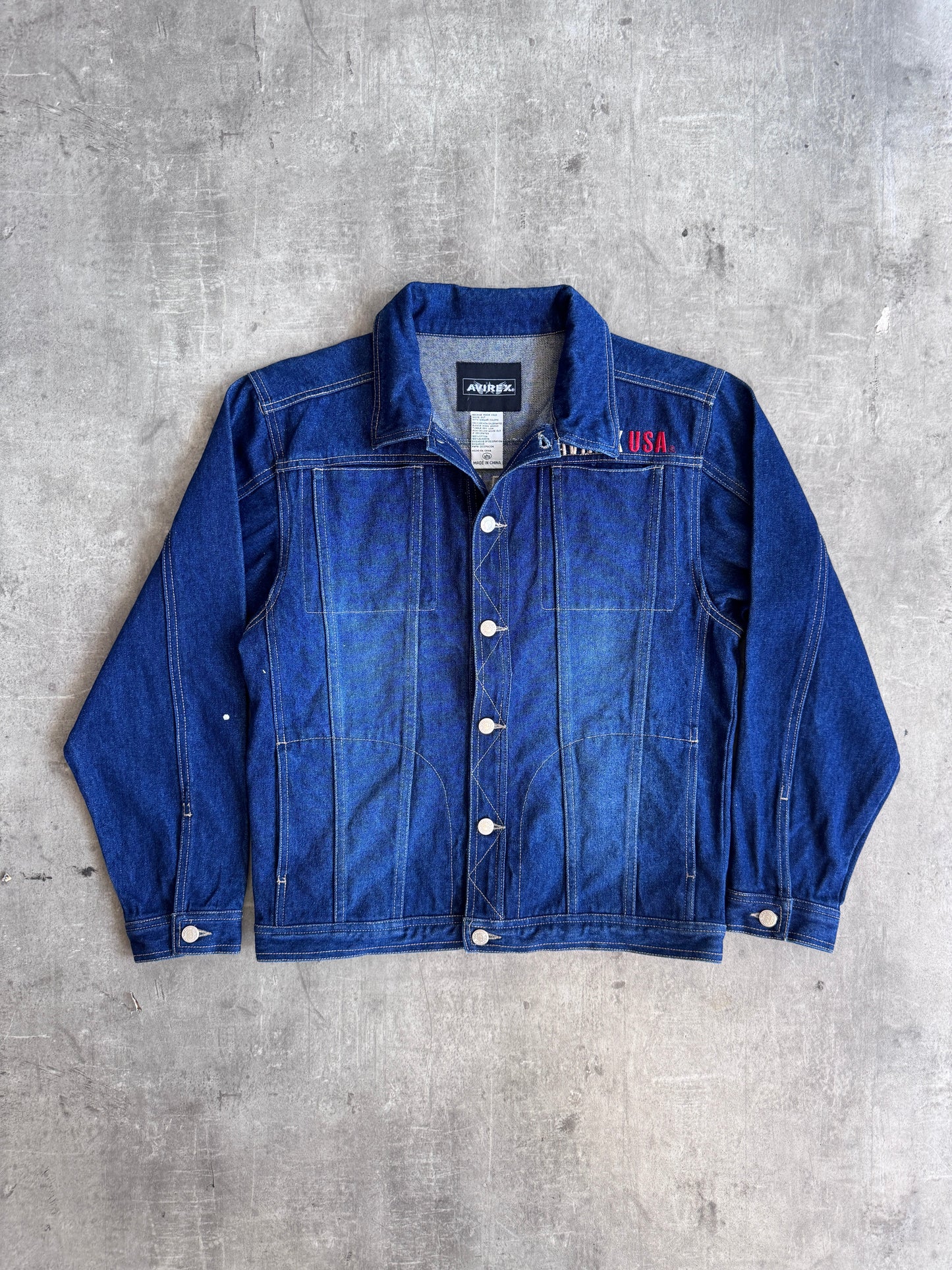 2000 Avirex USA Logo Back Patch Denim Jacket | Small, Multicoloured