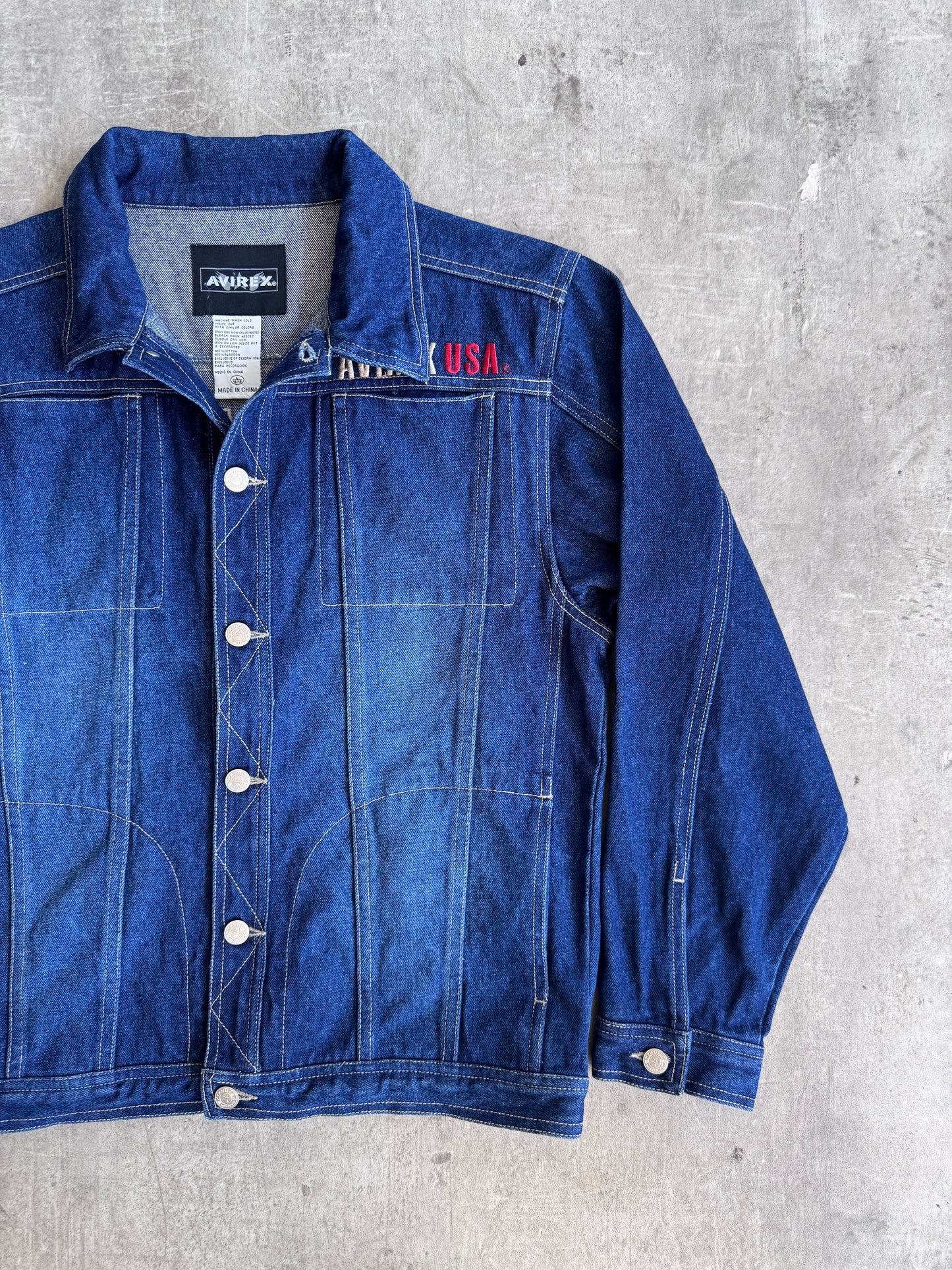 2000 Avirex USA Logo Back Patch Denim Jacket | Small, Multicoloured