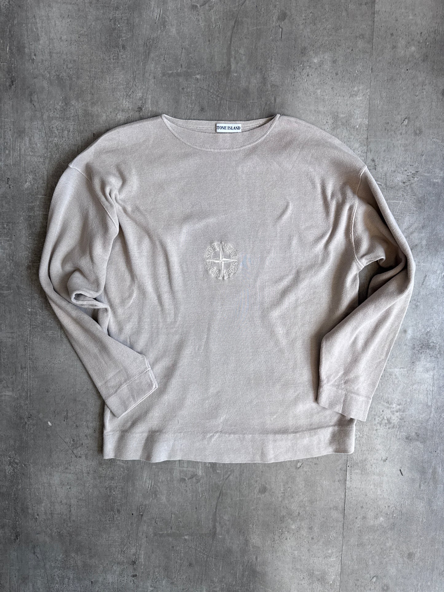 1990s Stone Island Beige Embroidered Compass Logo Boatneck Sweatshirt