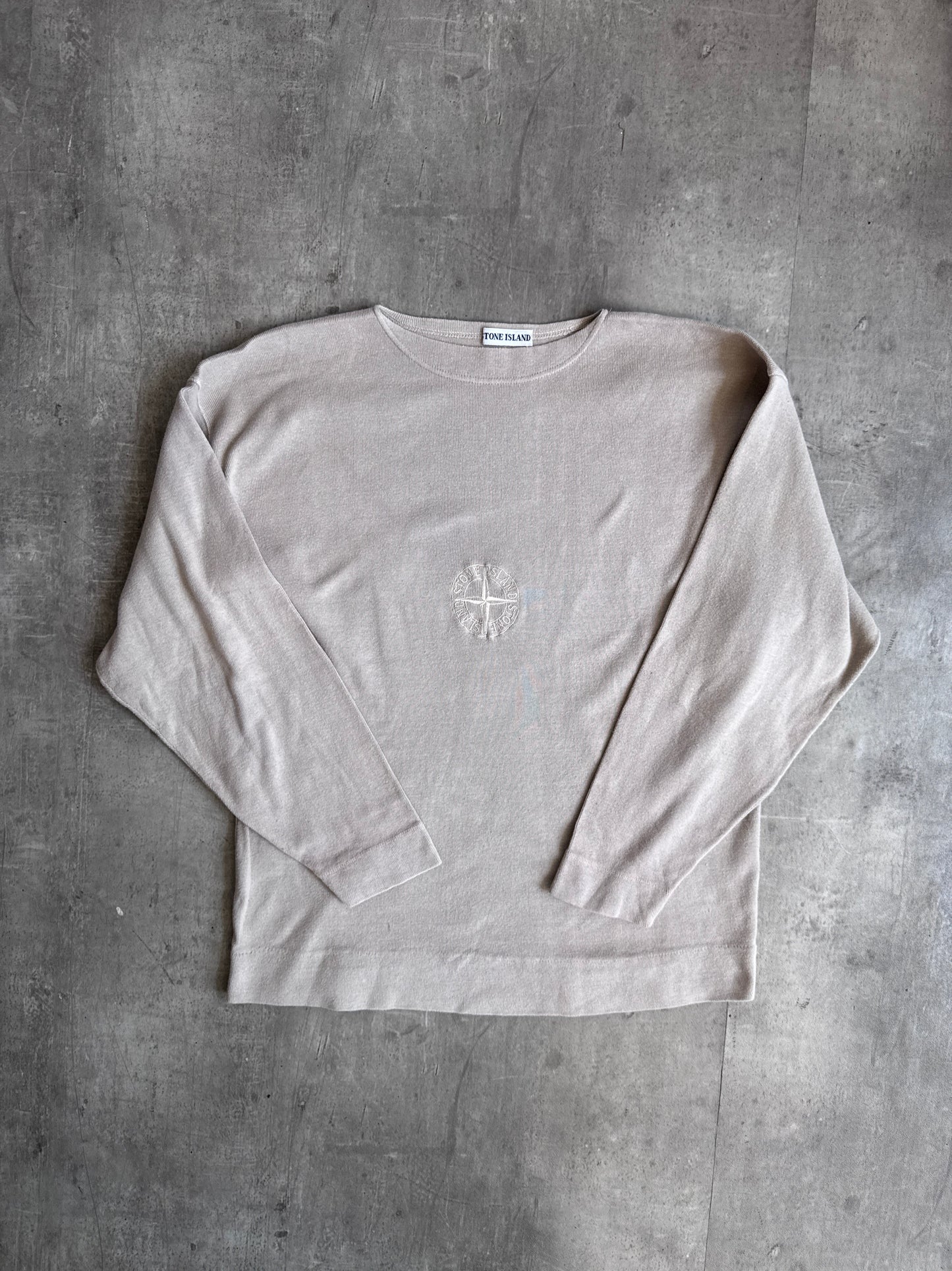 1990s Stone Island Beige Embroidered Compass Logo Boatneck Sweatshirt