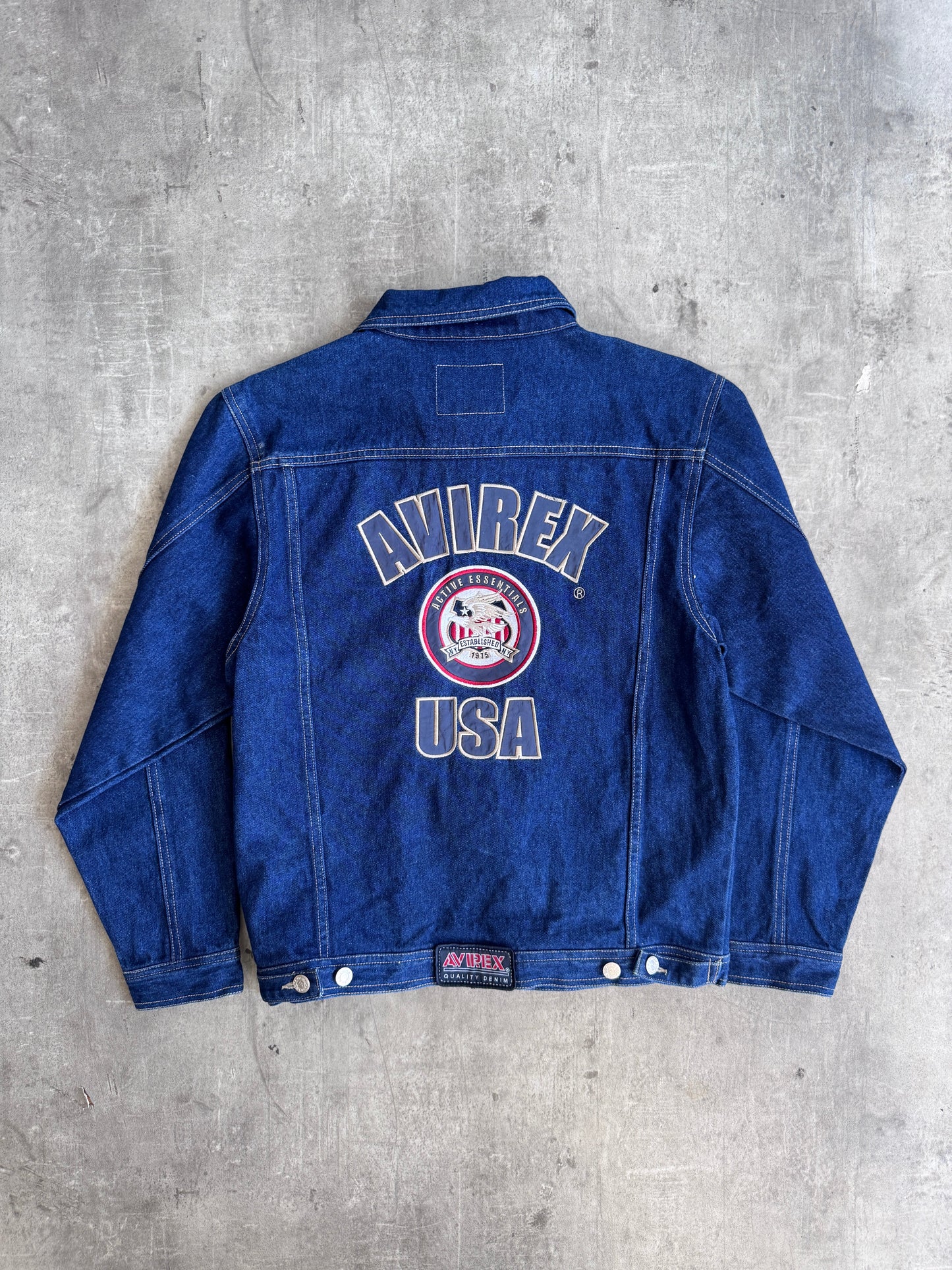 2000 Avirex USA Logo Back Patch Denim Jacket | Small, Multicoloured