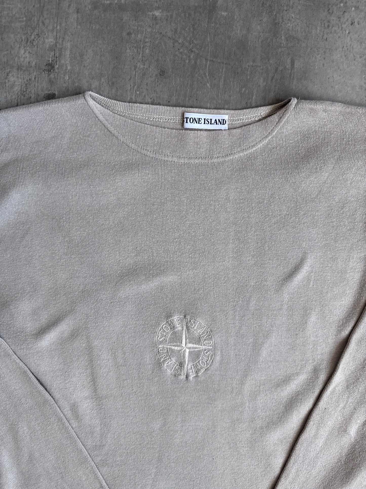 1990s Stone Island Beige Embroidered Compass Logo Boatneck Sweatshirt