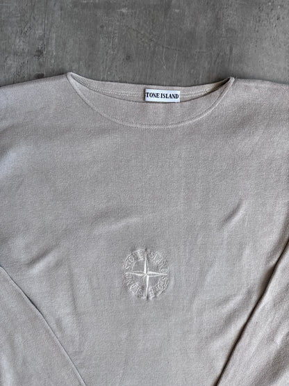 1990s Stone Island Beige Embroidered Compass Logo Boatneck Sweatshirt