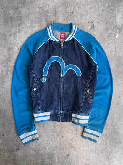 1990's Mighty Evisu Denim Panlled Seagull Logo Varsity Jacket | Extra Large, Multicoloured