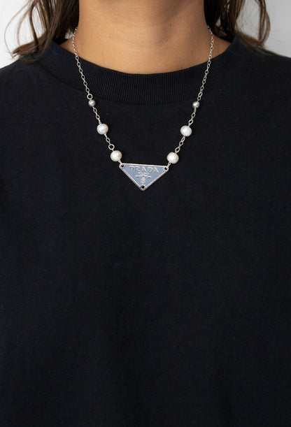 VT Rework: Prada Baby Blue Logo Silver Pearled Link Chain Necklace