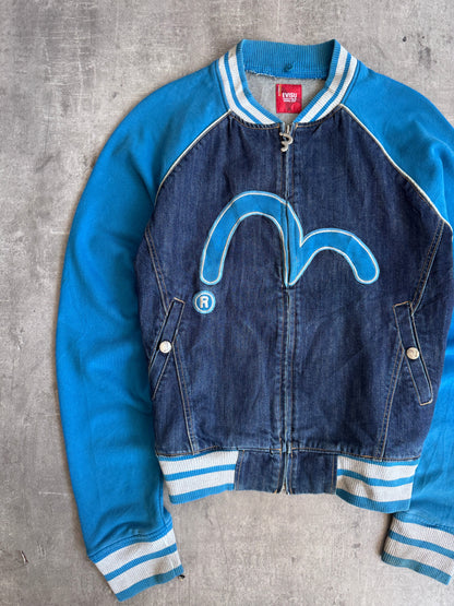 1990's Mighty Evisu Denim Panlled Seagull Logo Varsity Jacket | Extra Large, Multicoloured