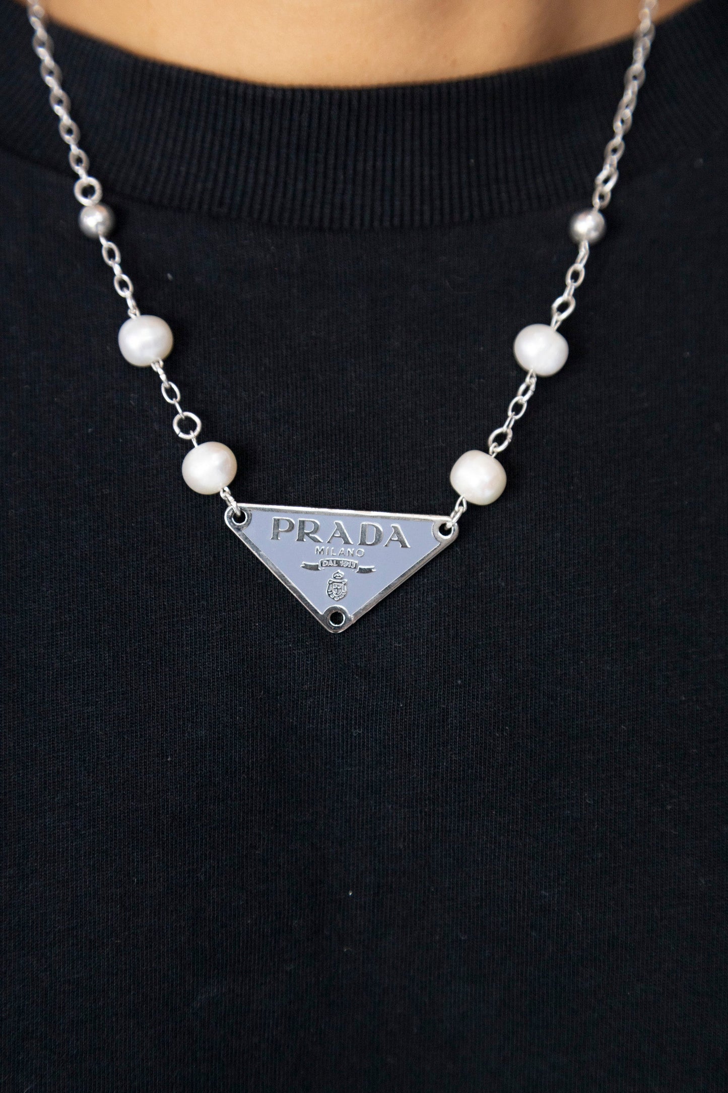 VT Rework: Prada Baby Blue Logo Silver Pearled Link Chain Necklace