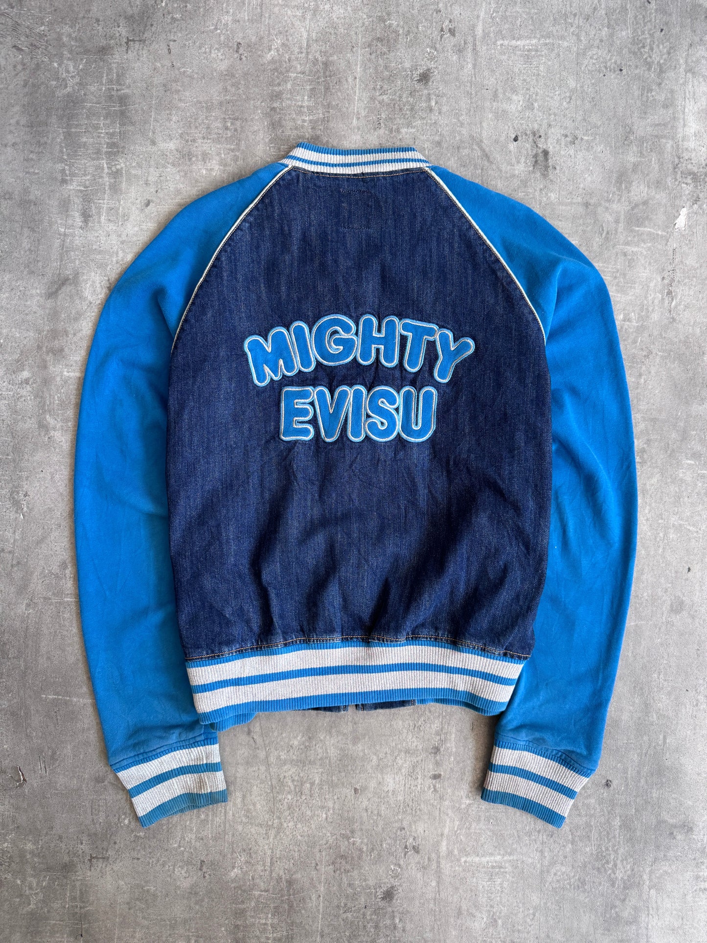 1990's Mighty Evisu Denim Panlled Seagull Logo Varsity Jacket | Extra Large, Multicoloured
