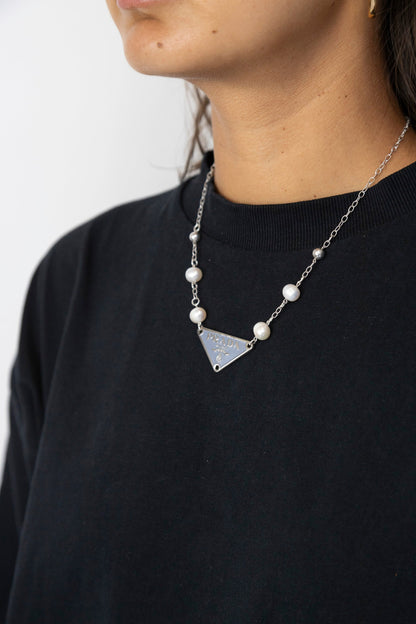 VT Rework: Prada Baby Blue Logo Silver Pearled Link Chain Necklace