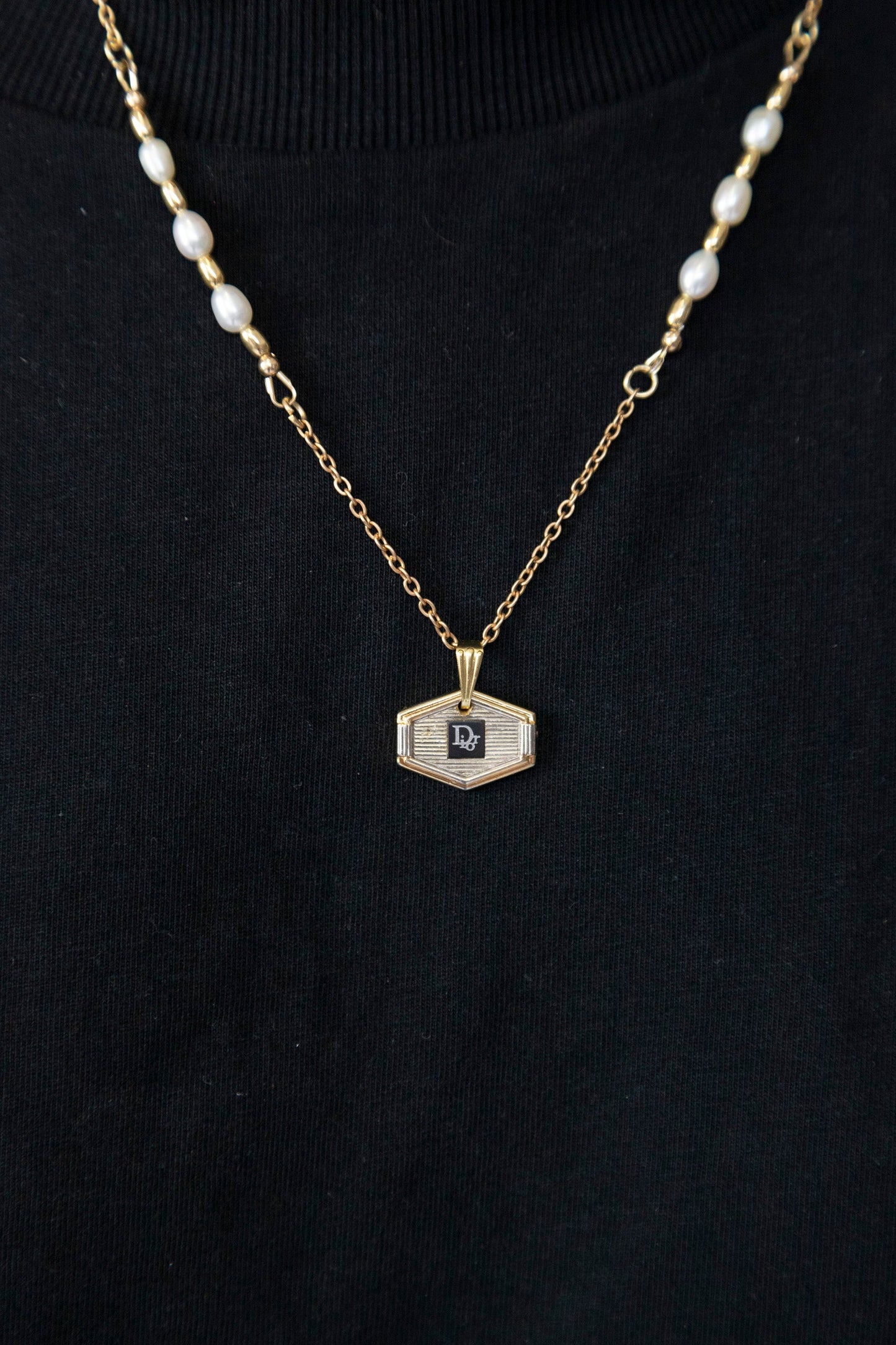 VT Rework: Christian Dior Hexagonal Logo Gold Pearled Link Chain Necklace