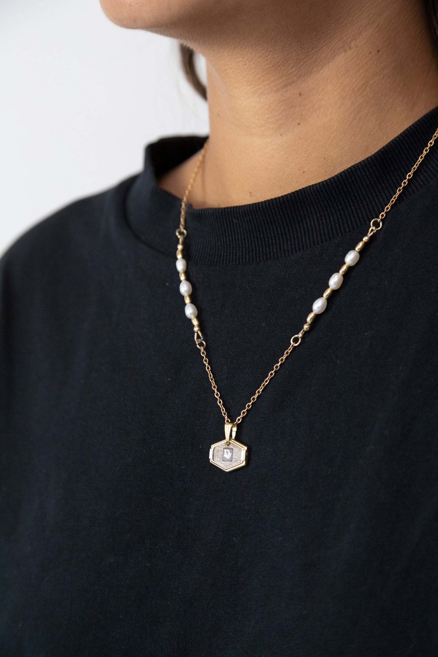 VT Rework: Christian Dior Hexagonal Logo Gold Pearled Link Chain Necklace