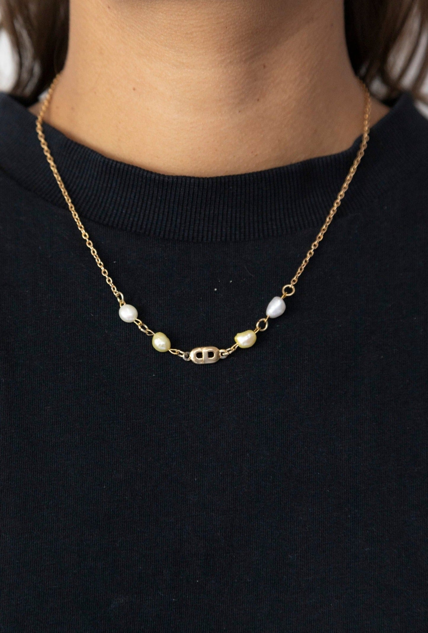 VT Rework: Christian Dior CD Logo Link Yellow Pearl Chain Necklace