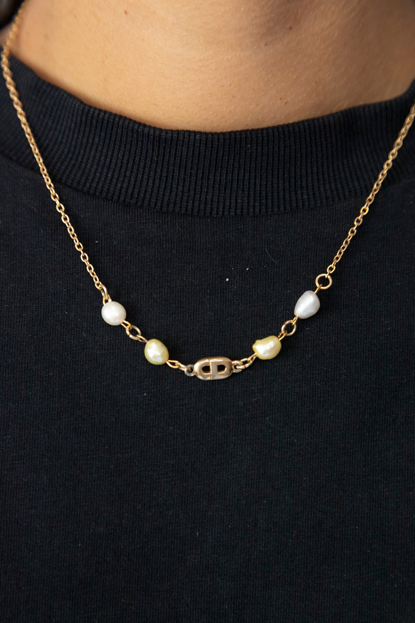 VT Rework: Christian Dior CD Logo Link Yellow Pearl Chain Necklace